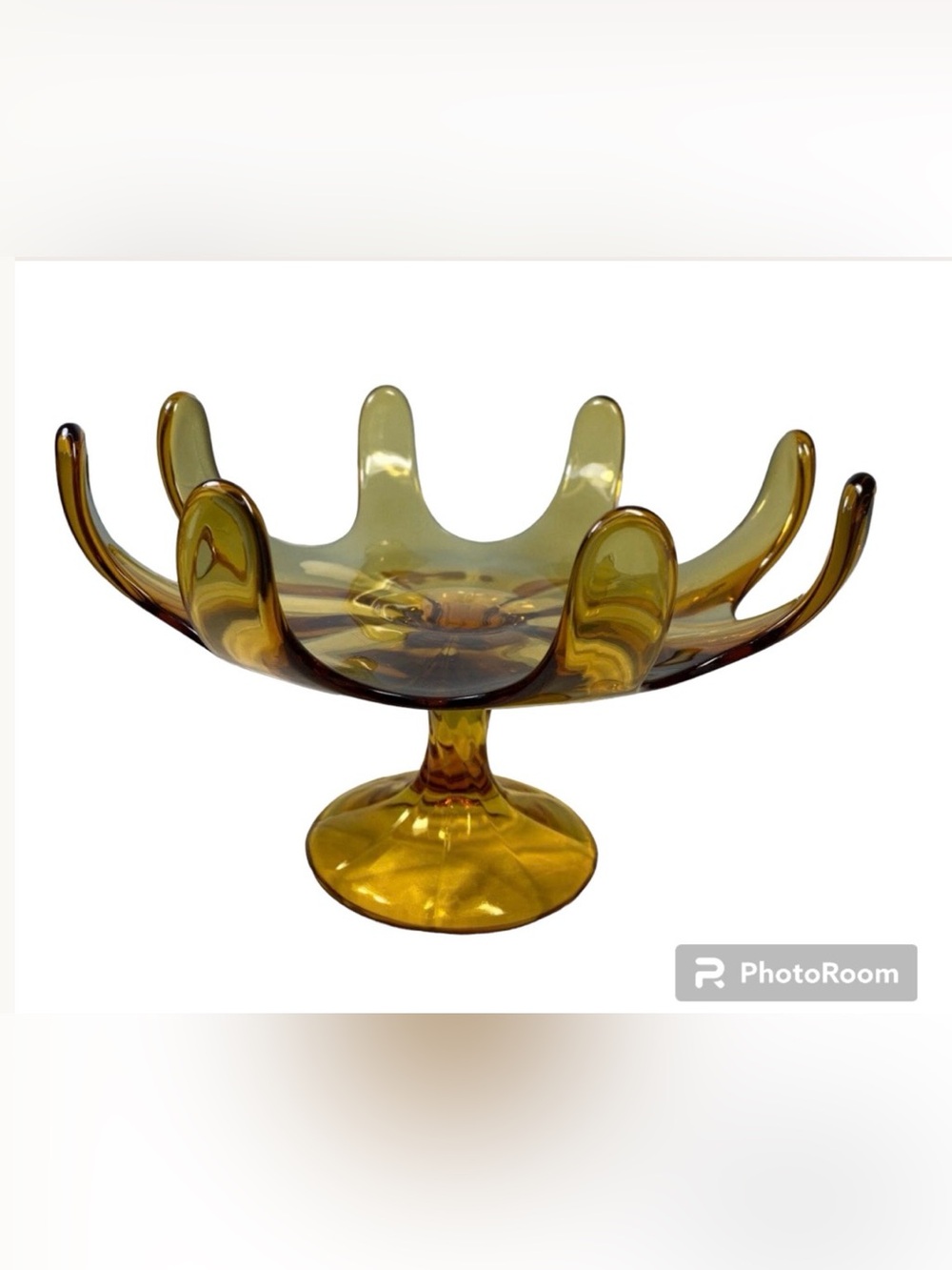 Viking Amber Glass Pedestal Compote with Sculptural Petal Rim